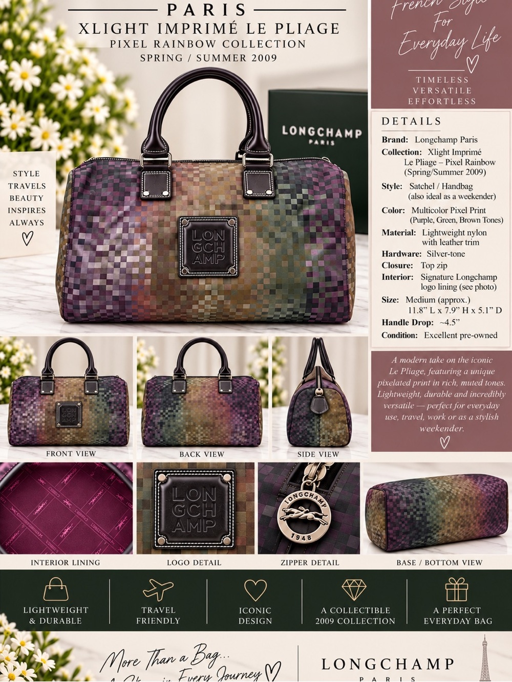 Longchamp Check Hand Bag with Plum Interior